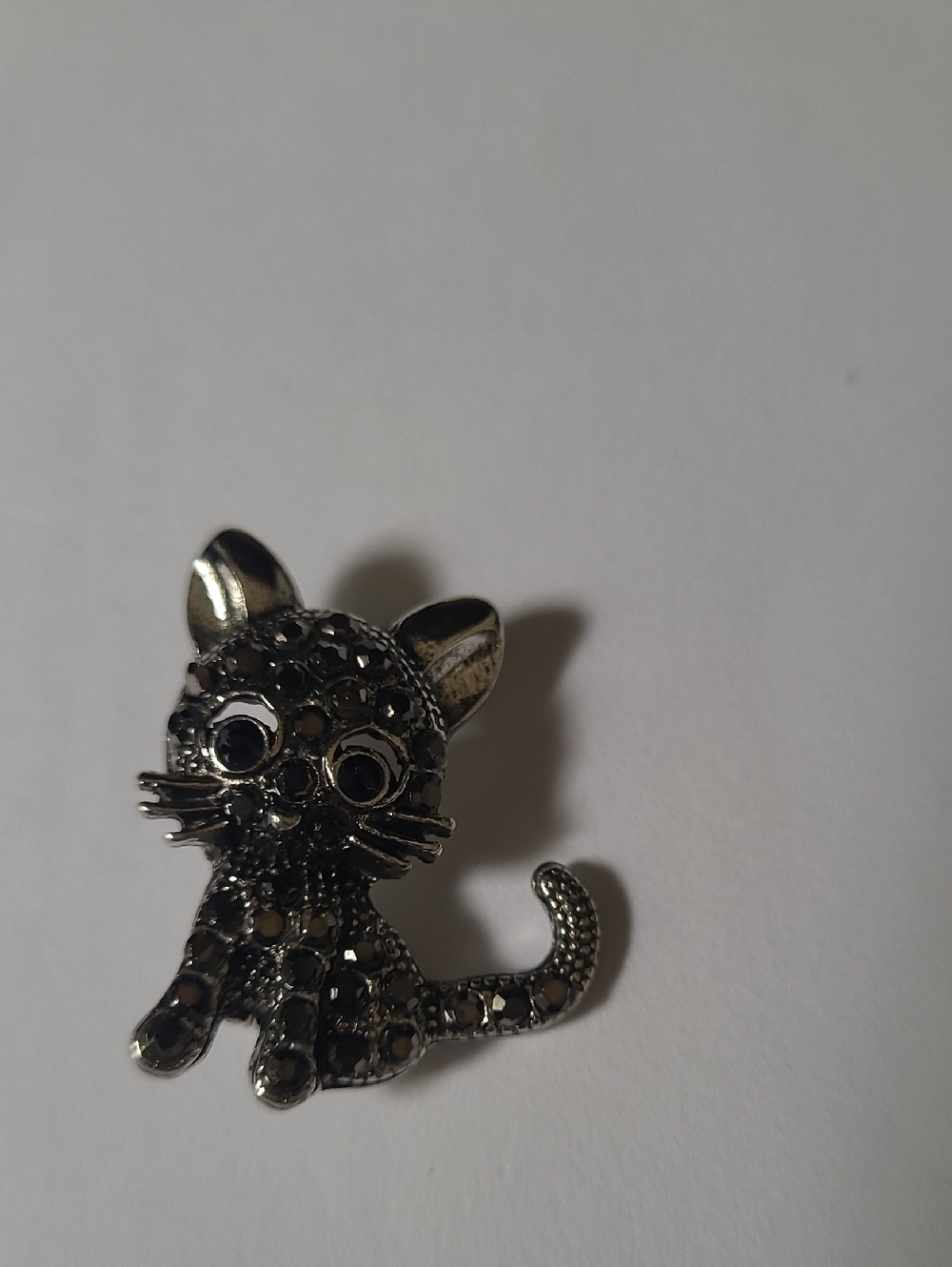 Silver Cat Charm Pin - Black Rhinestone Kitty